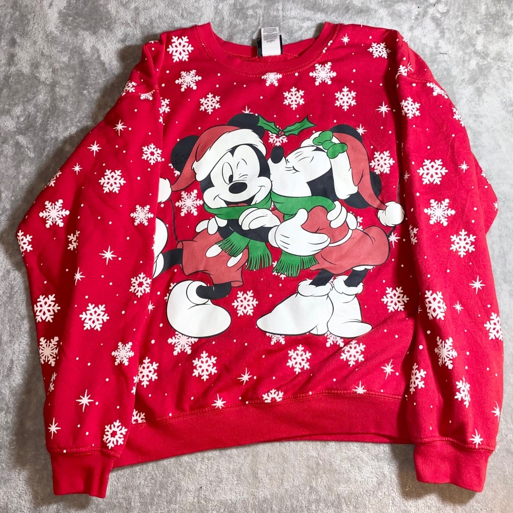 Disney Mickey Mouse Christmas Sweatshirt Red Snowflake Holiday Festive  LG 11 13